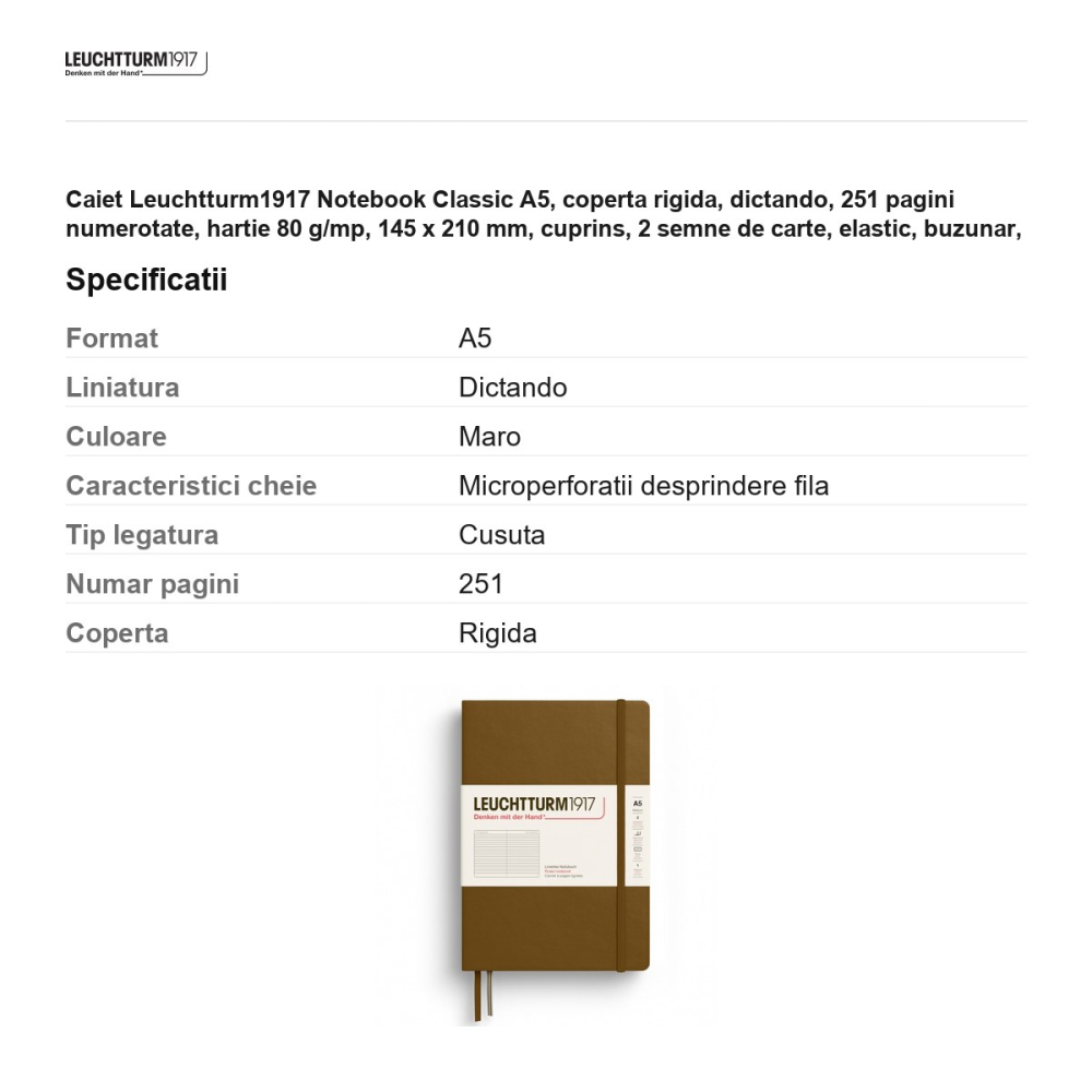 Caiet Leuchtturm1917 Notebook Classic A5, coperta rigida, dictando, 251 pagini numerotate, hartie 80 g/mp, 145 x 210 mm, cuprins, 2 semne de carte, elastic, buzunar, maro scortisoara [3]