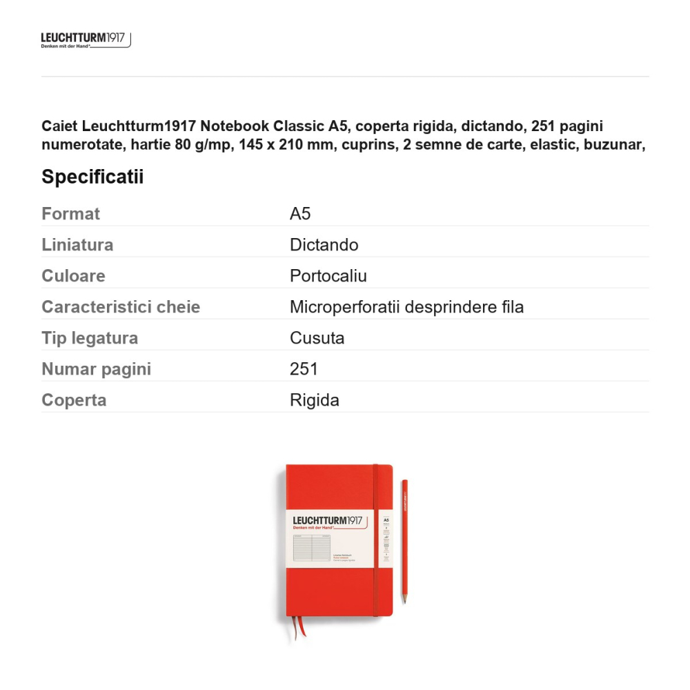 Caiet Leuchtturm1917 Notebook Classic A5, coperta rigida, dictando, 251 pagini numerotate, hartie 80 g/mp, 145 x 210 mm, cuprins, 2 semne de carte, elastic, buzunar, portocaliu inchis lobster [3]