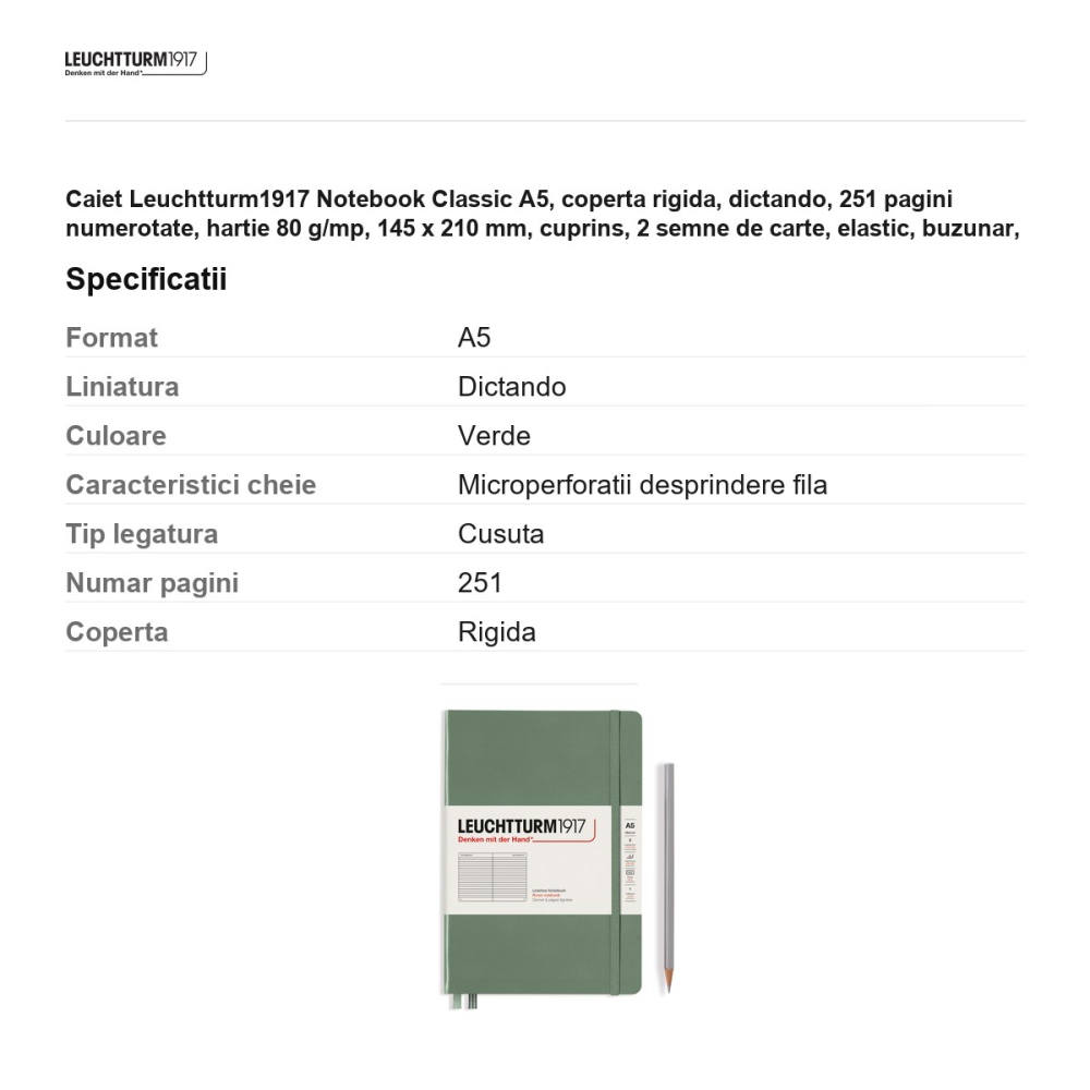 Caiet Leuchtturm1917 Notebook Classic A5, coperta rigida, dictando, 251 pagini numerotate, hartie 80 g/mp, 145 x 210 mm, cuprins, 2 semne de carte, elastic, buzunar, olive [3]