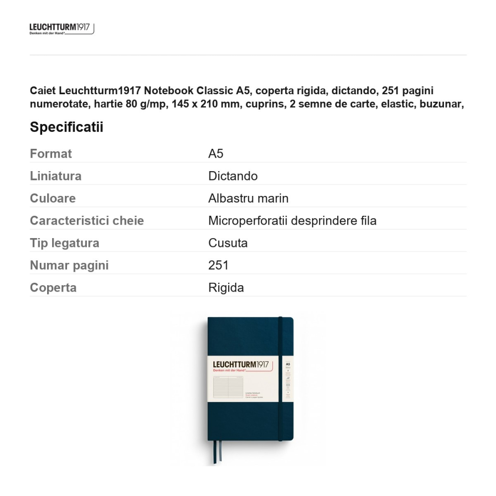 Caiet Leuchtturm1917 Notebook Classic A5, coperta rigida, dictando, 251 pagini numerotate, hartie 80 g/mp, 145 x 210 mm, cuprins, 2 semne de carte, elastic, buzunar, albastru marin [3]