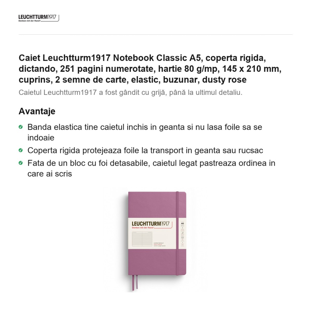 Caiet Leuchtturm1917 Notebook Classic A5, coperta rigida, dictando, 251 pagini numerotate, hartie 80 g/mp, 145 x 210 mm, cuprins, 2 semne de carte, elastic, buzunar, dusty rose [2]