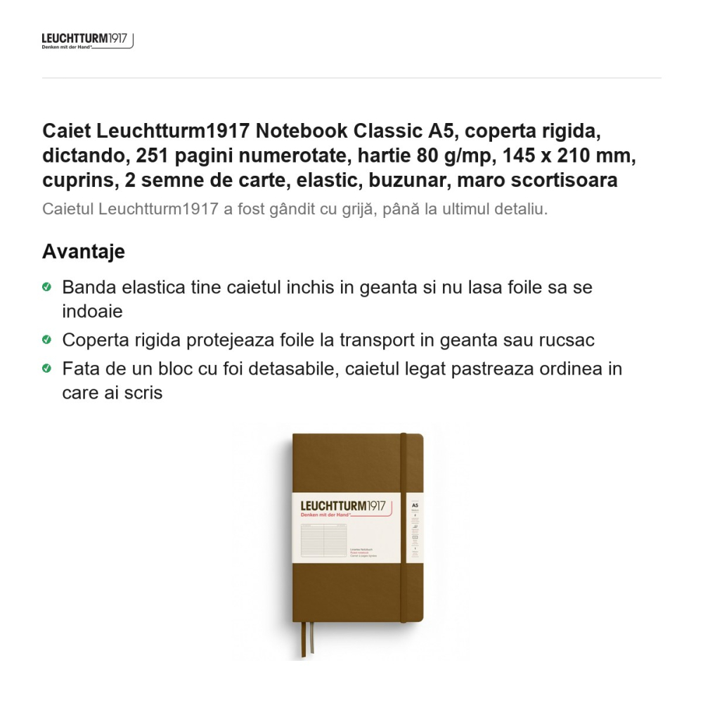 Caiet Leuchtturm1917 Notebook Classic A5, coperta rigida, dictando, 251 pagini numerotate, hartie 80 g/mp, 145 x 210 mm, cuprins, 2 semne de carte, elastic, buzunar, maro scortisoara [2]