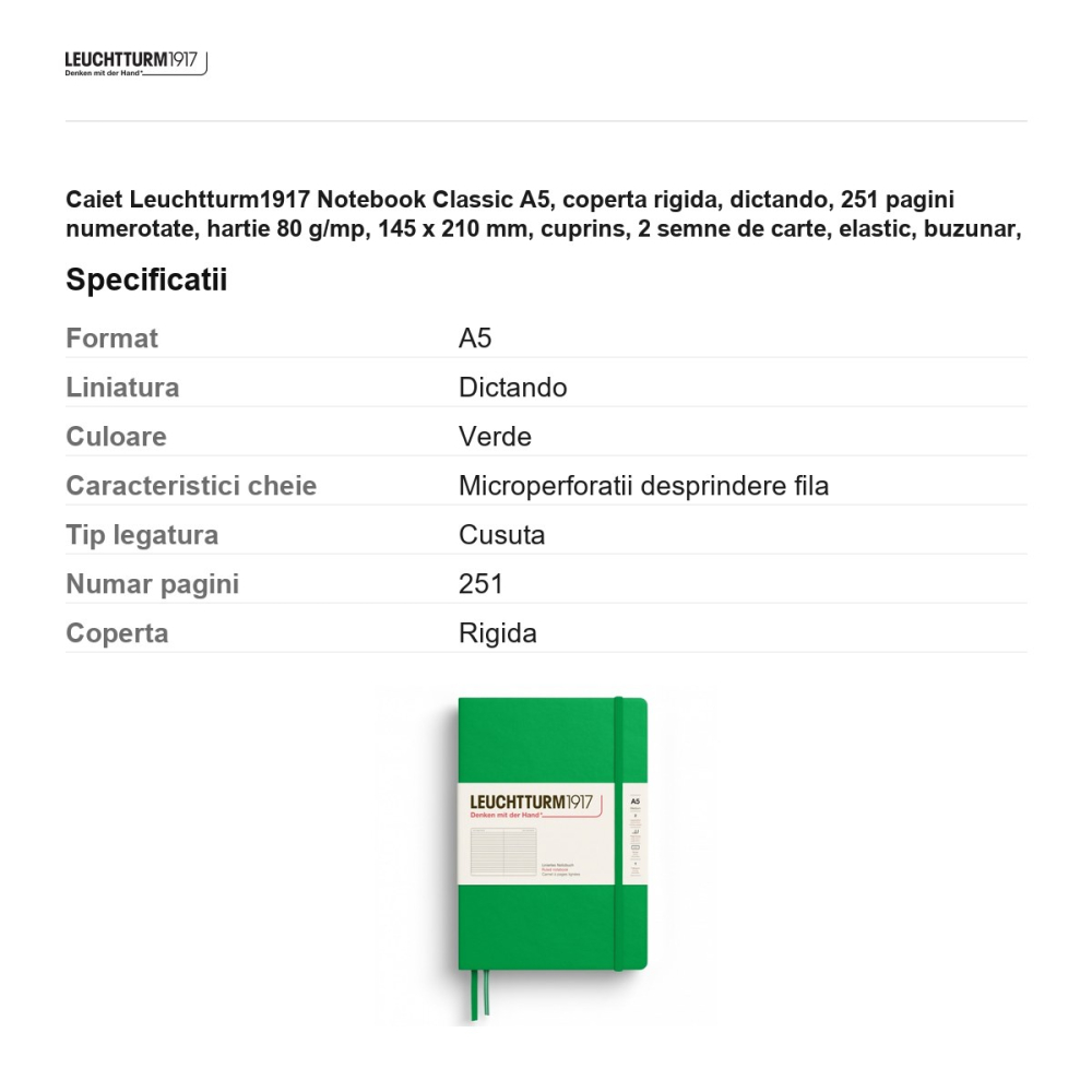 Caiet Leuchtturm1917 Notebook Classic A5, coperta rigida, dictando, 251 pagini numerotate, hartie 80 g/mp, 145 x 210 mm, cuprins, 2 semne de carte, elastic, buzunar, verde primavaratic [3]
