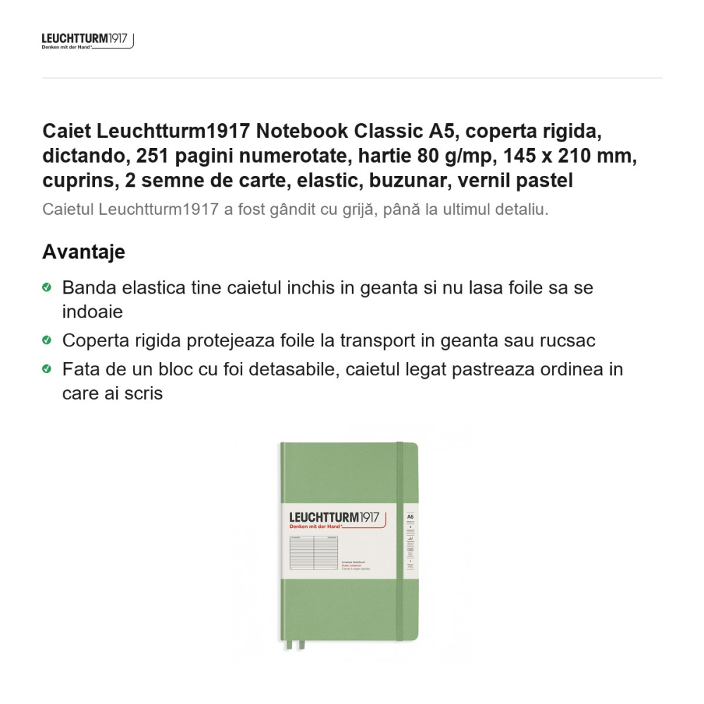 Caiet Leuchtturm1917 Notebook Classic A5, coperta rigida, dictando, 251 pagini numerotate, hartie 80 g/mp, 145 x 210 mm, cuprins, 2 semne de carte, elastic, buzunar, vernil pastel [2]