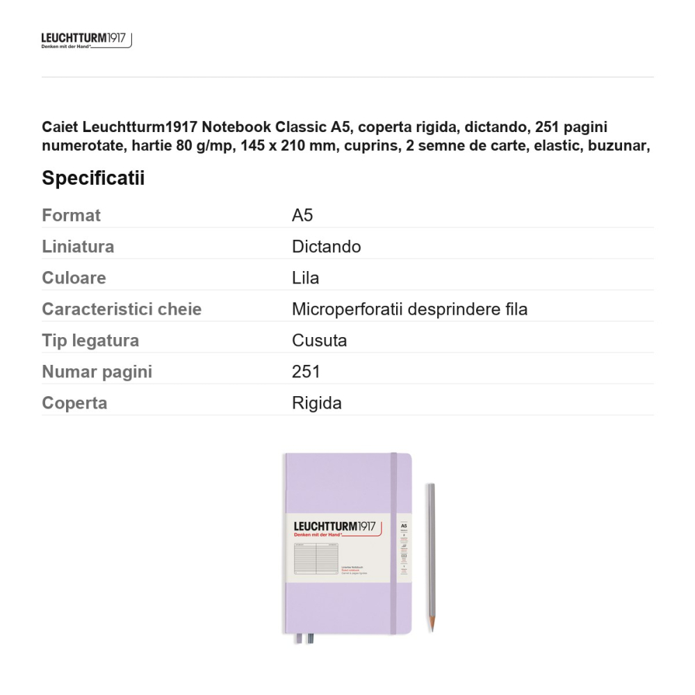 Caiet Leuchtturm1917 Notebook Classic A5, coperta rigida, dictando, 251 pagini numerotate, hartie 80 g/mp, 145 x 210 mm, cuprins, 2 semne de carte, elastic, buzunar, lila [3]