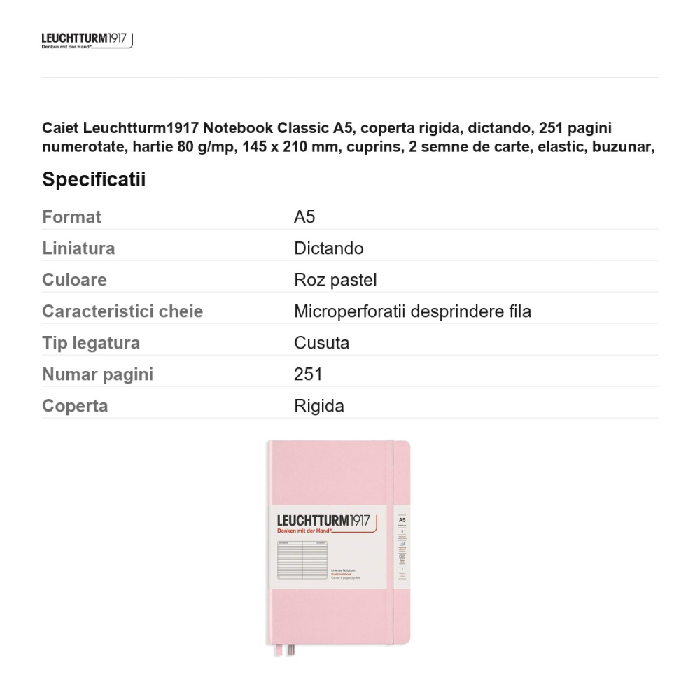 Caiet Leuchtturm1917 Notebook Classic A5, coperta rigida, dictando, 251 pagini numerotate, hartie 80 g/mp, 145 x 210 mm, cuprins, 2 semne de carte, elastic, buzunar, roz pastel [3]