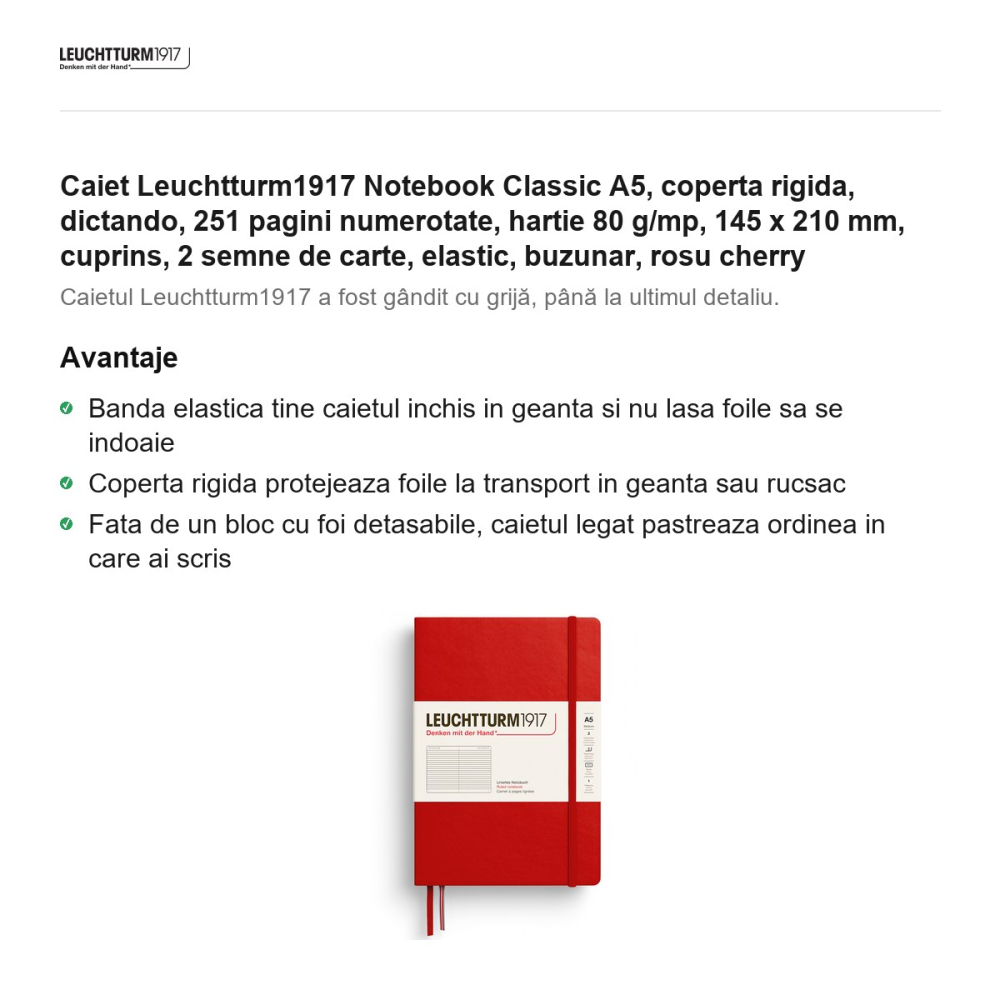 Caiet Leuchtturm1917 Notebook Classic A5, coperta rigida, dictando, 251 pagini numerotate, hartie 80 g/mp, 145 x 210 mm, cuprins, 2 semne de carte, elastic, buzunar, rosu cherry [2]
