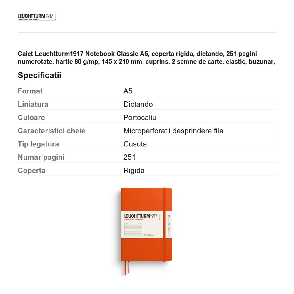 Caiet Leuchtturm1917 Notebook Classic A5, coperta rigida, dictando, 251 pagini numerotate, hartie 80 g/mp, 145 x 210 mm, cuprins, 2 semne de carte, elastic, buzunar, portocaliu dovleac [3]