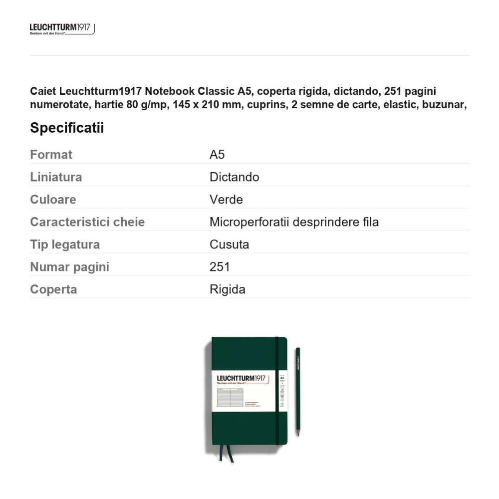 Caiet Leuchtturm1917 Notebook Classic A5, coperta rigida, dictando, 251 pagini numerotate, hartie 80 g/mp, 145 x 210 mm, cuprins, 2 semne de carte, elastic, buzunar, verde padure [3]