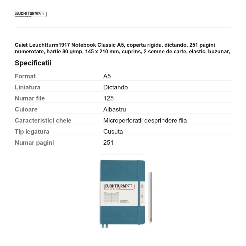 Caiet Leuchtturm1917 Notebook Classic A5, coperta rigida, dictando, 251 pagini numerotate, hartie 80 g/mp, 145 x 210 mm, cuprins, 2 semne de carte, elastic, buzunar, albastru piatra [3]