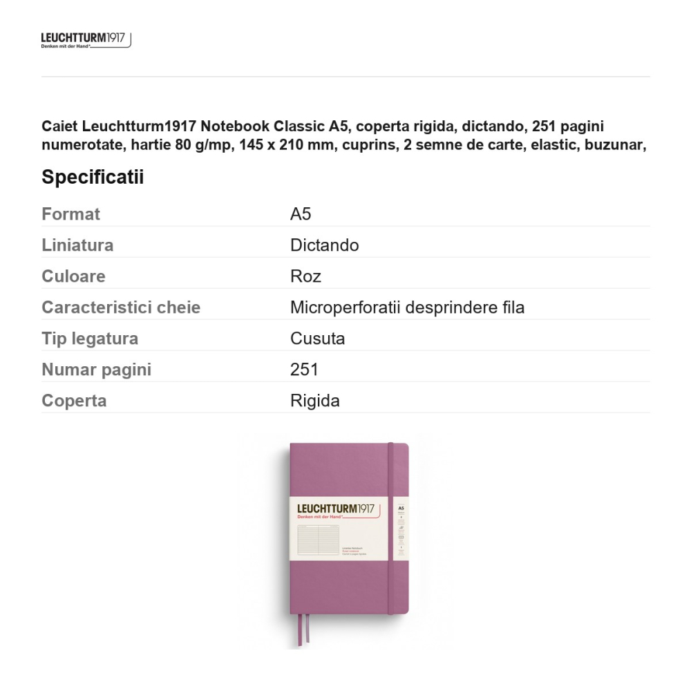 Caiet Leuchtturm1917 Notebook Classic A5, coperta rigida, dictando, 251 pagini numerotate, hartie 80 g/mp, 145 x 210 mm, cuprins, 2 semne de carte, elastic, buzunar, dusty rose [3]