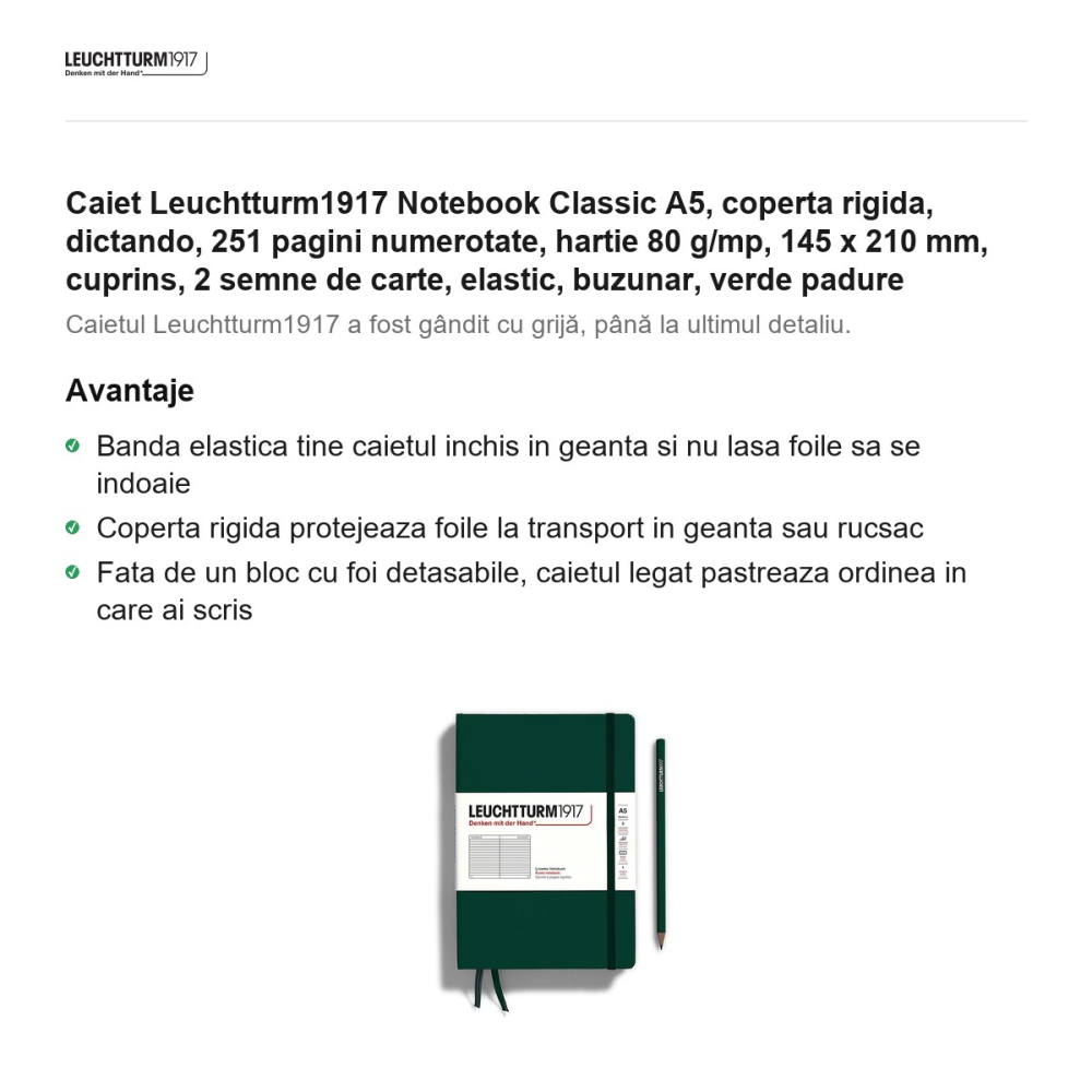 Caiet Leuchtturm1917 Notebook Classic A5, coperta rigida, dictando, 251 pagini numerotate, hartie 80 g/mp, 145 x 210 mm, cuprins, 2 semne de carte, elastic, buzunar, verde padure [2]