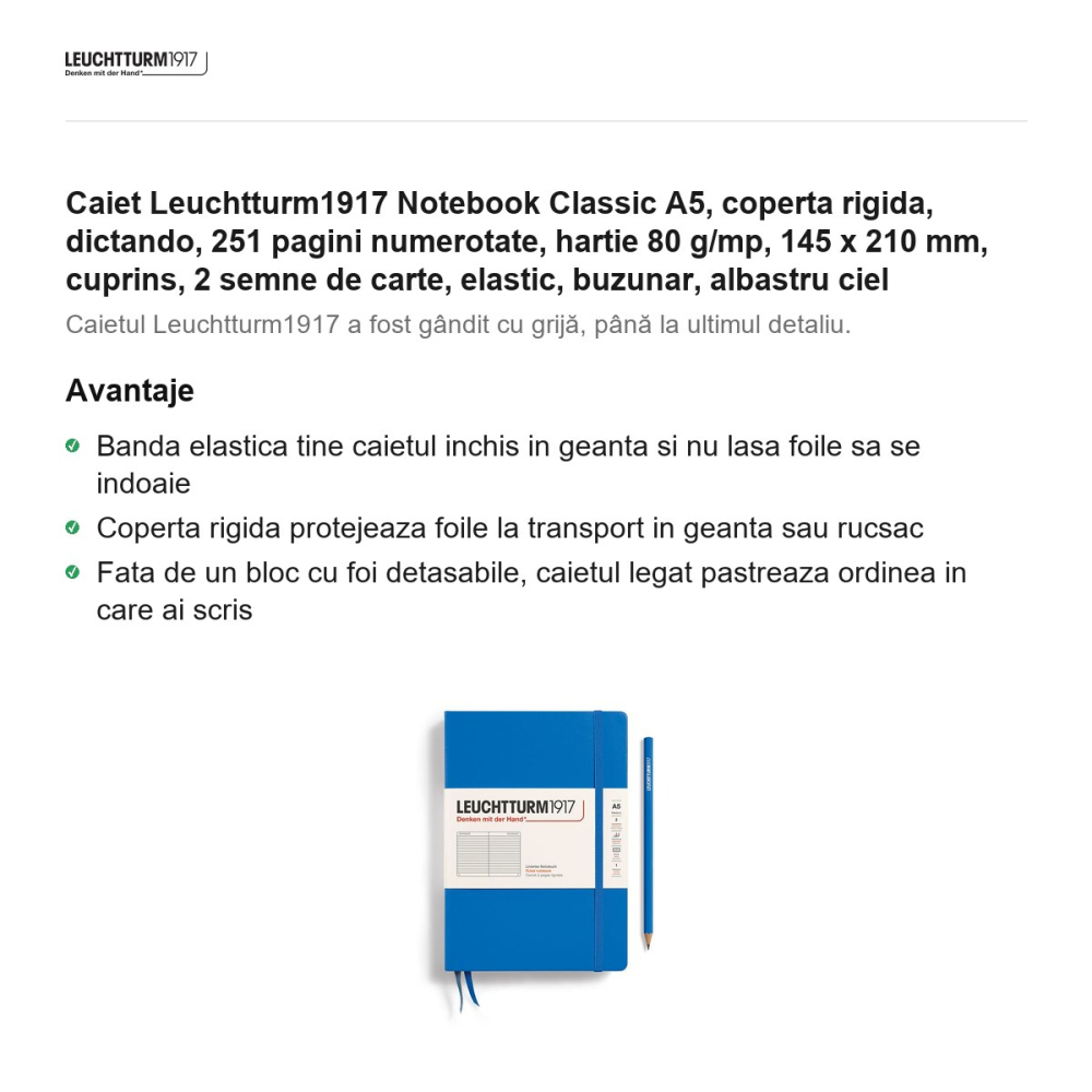 Caiet Leuchtturm1917 Notebook Classic A5, coperta rigida, dictando, 251 pagini numerotate, hartie 80 g/mp, 145 x 210 mm, cuprins, 2 semne de carte, elastic, buzunar, albastru ciel [2]