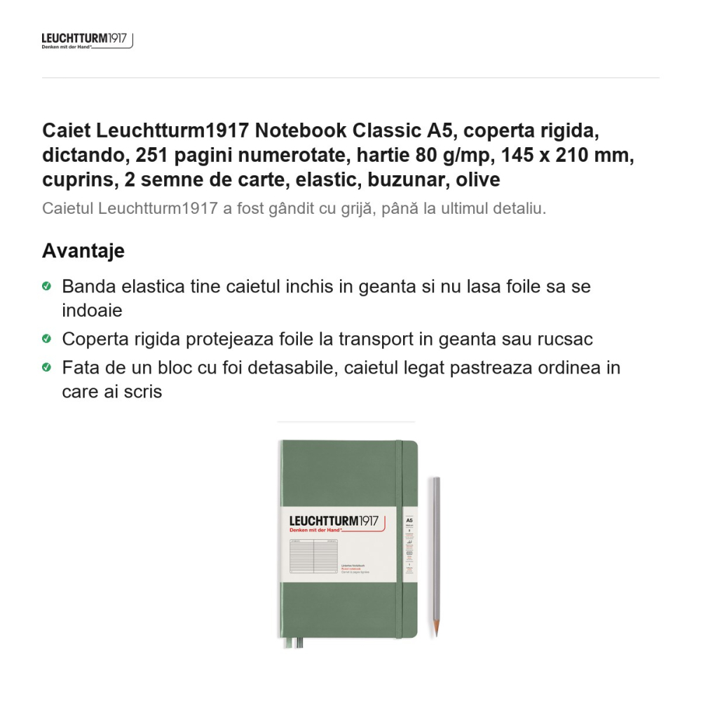 Caiet Leuchtturm1917 Notebook Classic A5, coperta rigida, dictando, 251 pagini numerotate, hartie 80 g/mp, 145 x 210 mm, cuprins, 2 semne de carte, elastic, buzunar, olive [2]