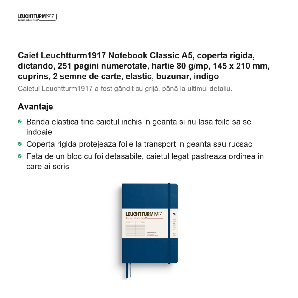 Caiet Leuchtturm1917 Notebook Classic A5, coperta rigida, dictando, 251 pagini numerotate, hartie 80 g/mp, 145 x 210 mm, cuprins, 2 semne de carte, elastic, buzunar, indigo [2]