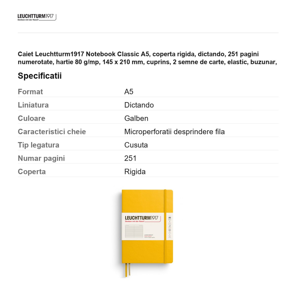 Caiet Leuchtturm1917 Notebook Classic A5, coperta rigida, dictando, 251 pagini numerotate, hartie 80 g/mp, 145 x 210 mm, cuprins, 2 semne de carte, elastic, buzunar, galben floarea soarelui [3]