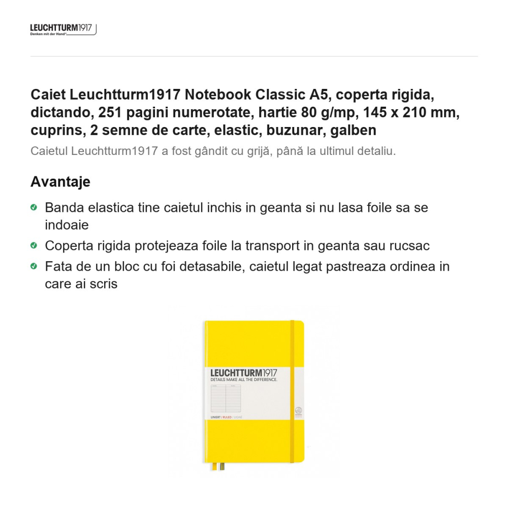 Caiet Leuchtturm1917 Notebook Classic A5, coperta rigida, dictando, 251 pagini numerotate, hartie 80 g/mp, 145 x 210 mm, cuprins, 2 semne de carte, elastic, buzunar, galben [2]