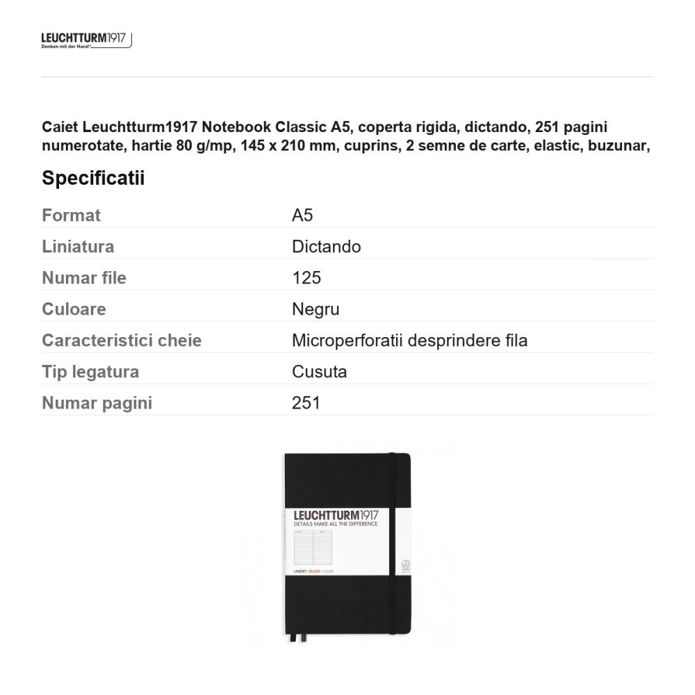 Caiet Leuchtturm1917 Notebook Classic A5, coperta rigida, dictando, 251 pagini numerotate, hartie 80 g/mp, 145 x 210 mm, cuprins, 2 semne de carte, elastic, buzunar, negru [3]
