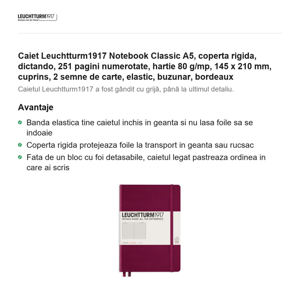 Caiet Leuchtturm1917 Notebook Classic A5, coperta rigida, dictando, 251 pagini numerotate, hartie 80 g/mp, 145 x 210 mm, cuprins, 2 semne de carte, elastic, buzunar, bordeaux [2]