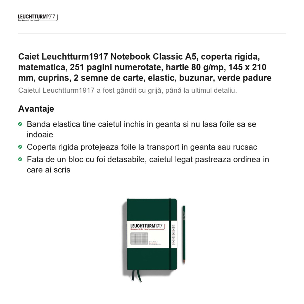 Caiet Leuchtturm1917 Notebook Classic A5, coperta rigida, matematica, 251 pagini numerotate, hartie 80 g/mp, 145 x 210 mm, cuprins, 2 semne de carte, elastic, buzunar, verde padure [2]