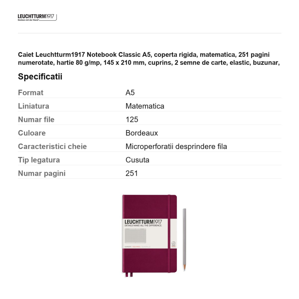 Caiet Leuchtturm1917 Notebook Classic A5, coperta rigida, matematica, 251 pagini numerotate, hartie 80 g/mp, 145 x 210 mm, cuprins, 2 semne de carte, elastic, buzunar, bordeaux [3]