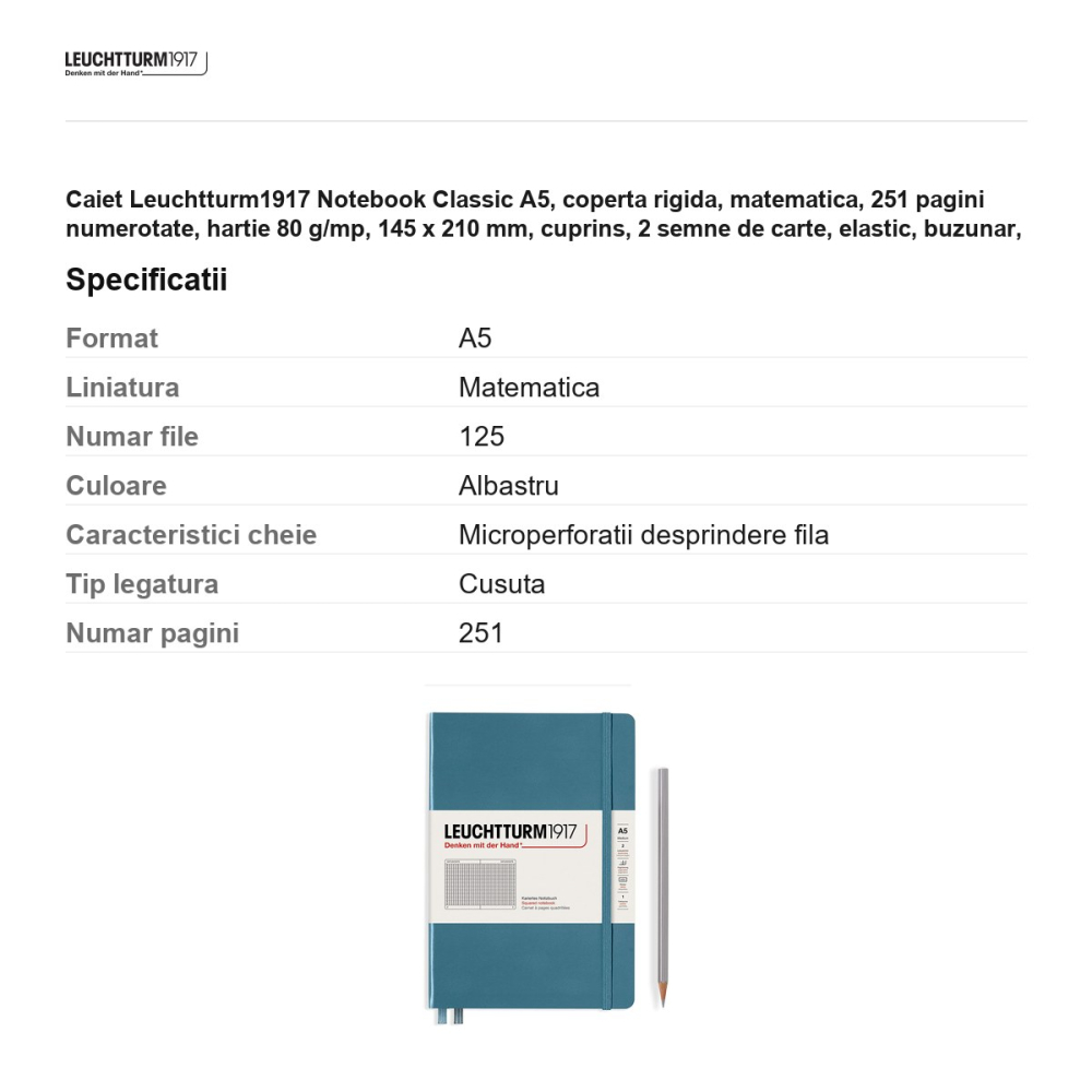 Caiet Leuchtturm1917 Notebook Classic A5, coperta rigida, matematica, 251 pagini numerotate, hartie 80 g/mp, 145 x 210 mm, cuprins, 2 semne de carte, elastic, buzunar, albastru piatra [3]