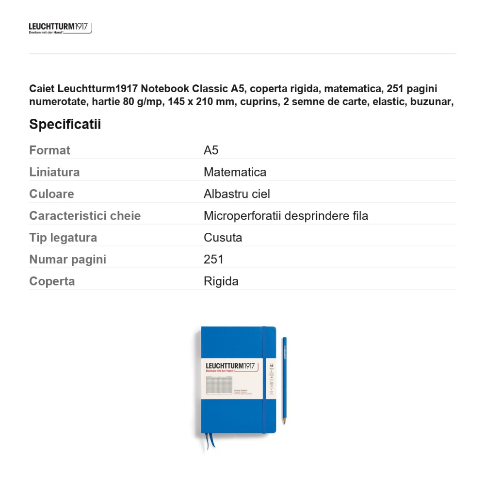 Caiet Leuchtturm1917 Notebook Classic A5, coperta rigida, matematica, 251 pagini numerotate, hartie 80 g/mp, 145 x 210 mm, cuprins, 2 semne de carte, elastic, buzunar, albastru ciel [3]