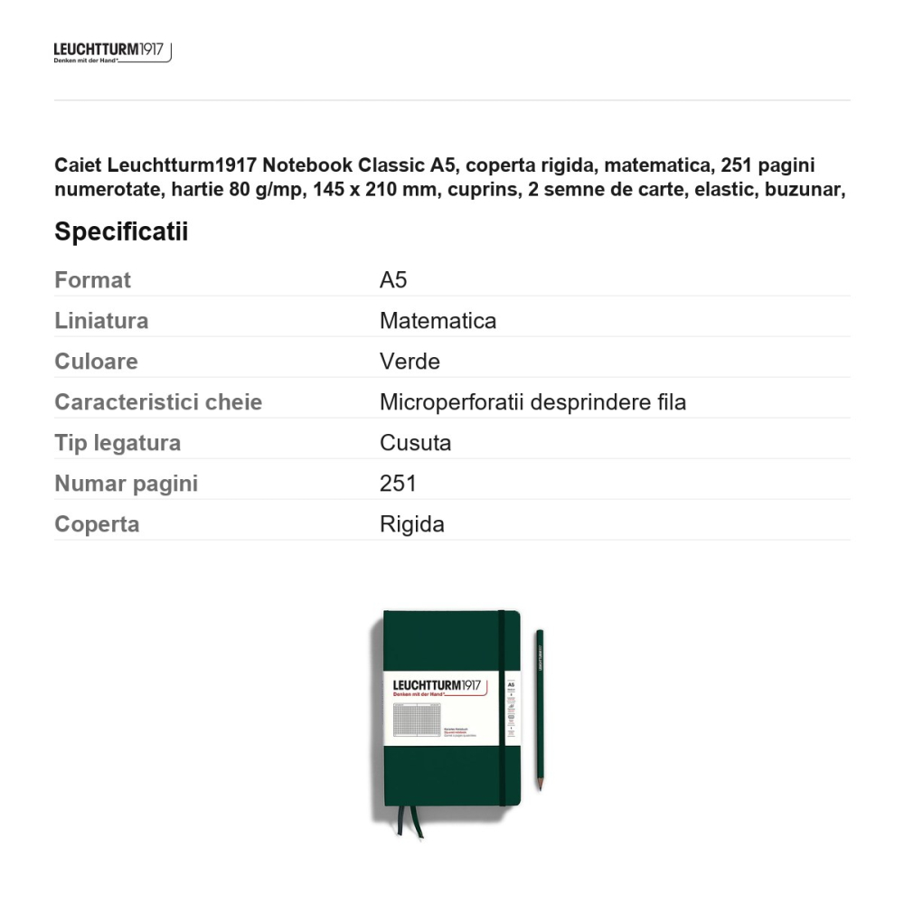 Caiet Leuchtturm1917 Notebook Classic A5, coperta rigida, matematica, 251 pagini numerotate, hartie 80 g/mp, 145 x 210 mm, cuprins, 2 semne de carte, elastic, buzunar, verde padure [3]