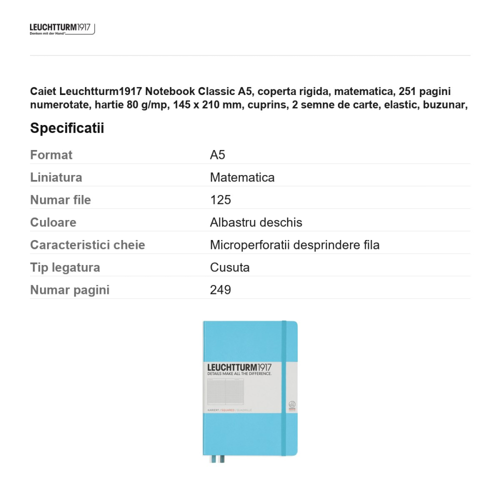 Caiet Leuchtturm1917 Notebook Classic A5, coperta rigida, matematica, 251 pagini numerotate, hartie 80 g/mp, 145 x 210 mm, cuprins, 2 semne de carte, elastic, buzunar, bleu [3]