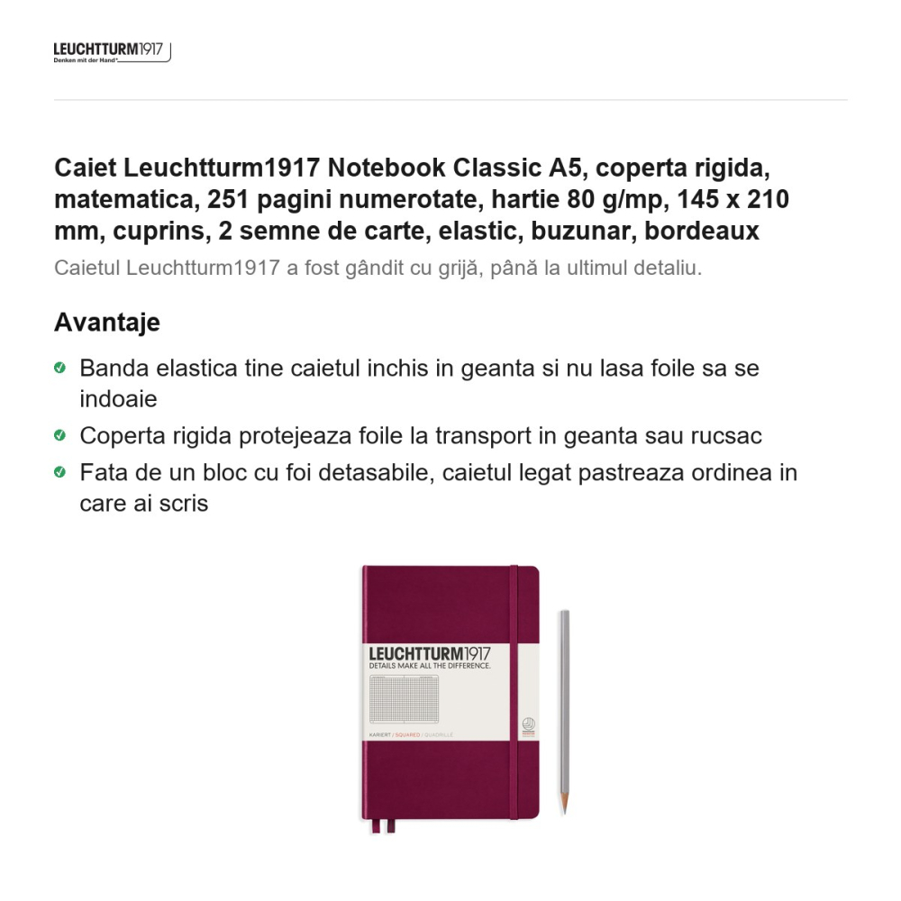 Caiet Leuchtturm1917 Notebook Classic A5, coperta rigida, matematica, 251 pagini numerotate, hartie 80 g/mp, 145 x 210 mm, cuprins, 2 semne de carte, elastic, buzunar, bordeaux [2]
