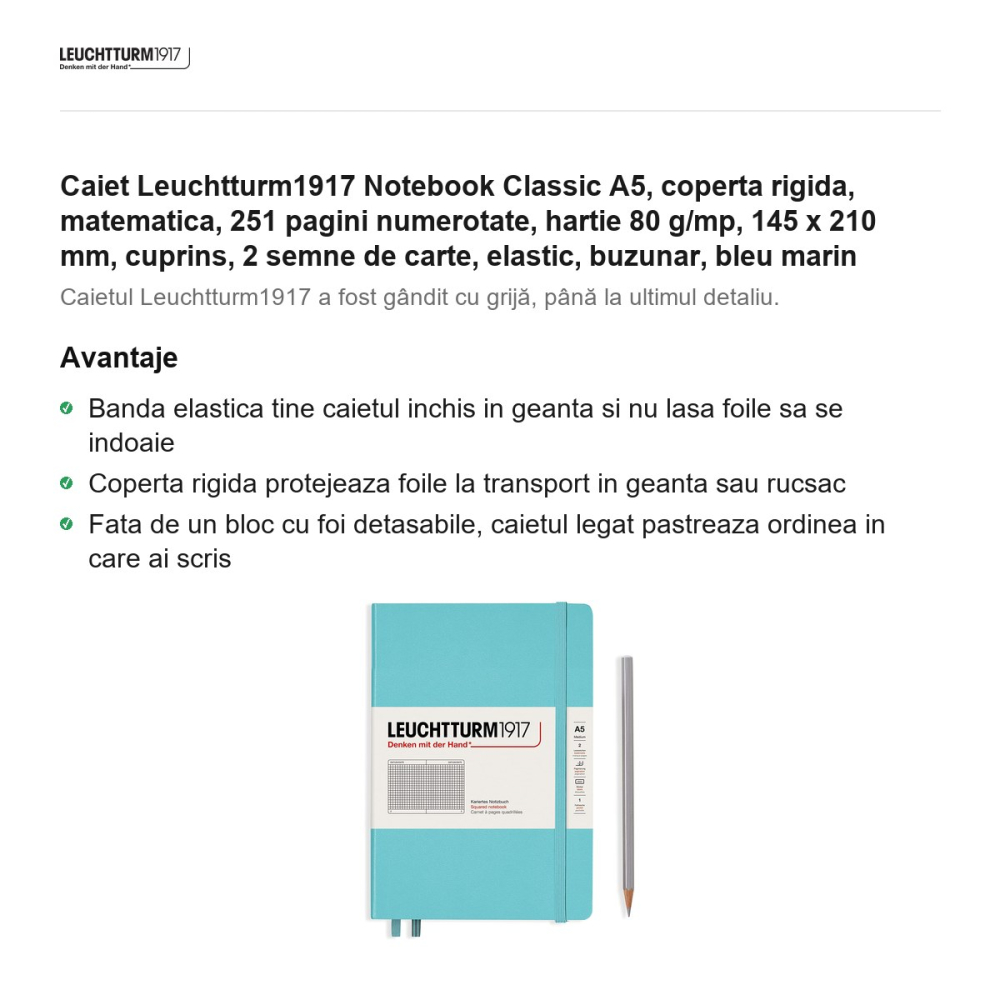 Caiet Leuchtturm1917 Notebook Classic A5, coperta rigida, matematica, 251 pagini numerotate, hartie 80 g/mp, 145 x 210 mm, cuprins, 2 semne de carte, elastic, buzunar, bleu marin [2]