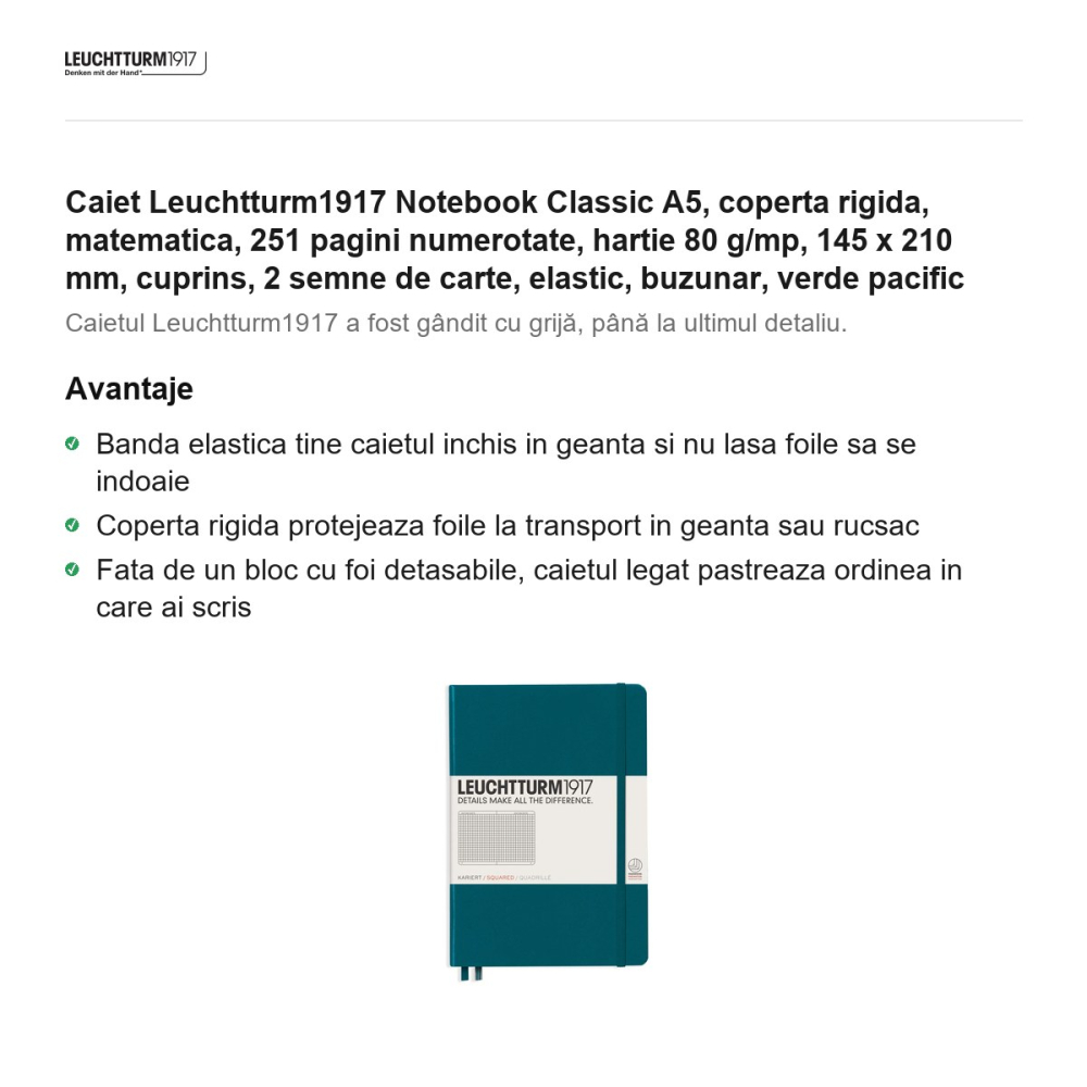Caiet Leuchtturm1917 Notebook Classic A5, coperta rigida, matematica, 251 pagini numerotate, hartie 80 g/mp, 145 x 210 mm, cuprins, 2 semne de carte, elastic, buzunar, verde pacific [2]