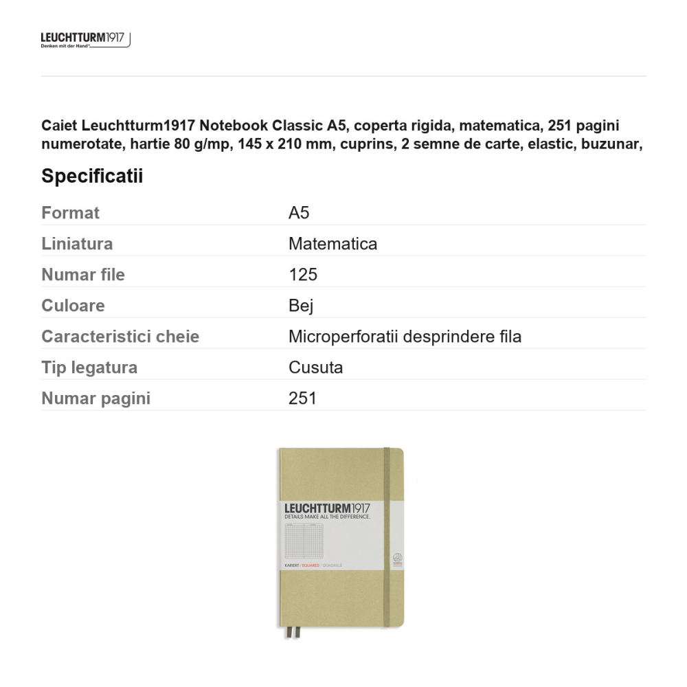 Caiet Leuchtturm1917 Notebook Classic A5, coperta rigida, matematica, 251 pagini numerotate, hartie 80 g/mp, 145 x 210 mm, cuprins, 2 semne de carte, elastic, buzunar, nisipiu [3]