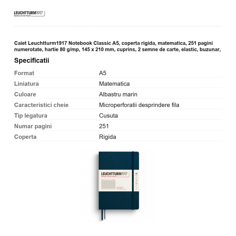 Caiet Leuchtturm1917 Notebook Classic A5, coperta rigida, matematica, 251 pagini numerotate, hartie 80 g/mp, 145 x 210 mm, cuprins, 2 semne de carte, elastic, buzunar, albastru marin [3]