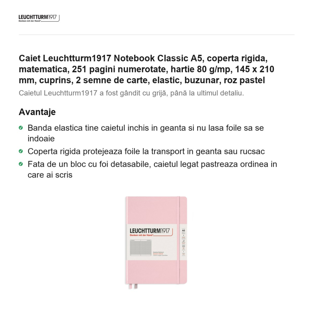 Caiet Leuchtturm1917 Notebook Classic A5, coperta rigida, matematica, 251 pagini numerotate, hartie 80 g/mp, 145 x 210 mm, cuprins, 2 semne de carte, elastic, buzunar, roz pastel [2]