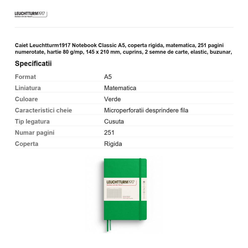 Caiet Leuchtturm1917 Notebook Classic A5, coperta rigida, matematica, 251 pagini numerotate, hartie 80 g/mp, 145 x 210 mm, cuprins, 2 semne de carte, elastic, buzunar, verde primavaratic [3]