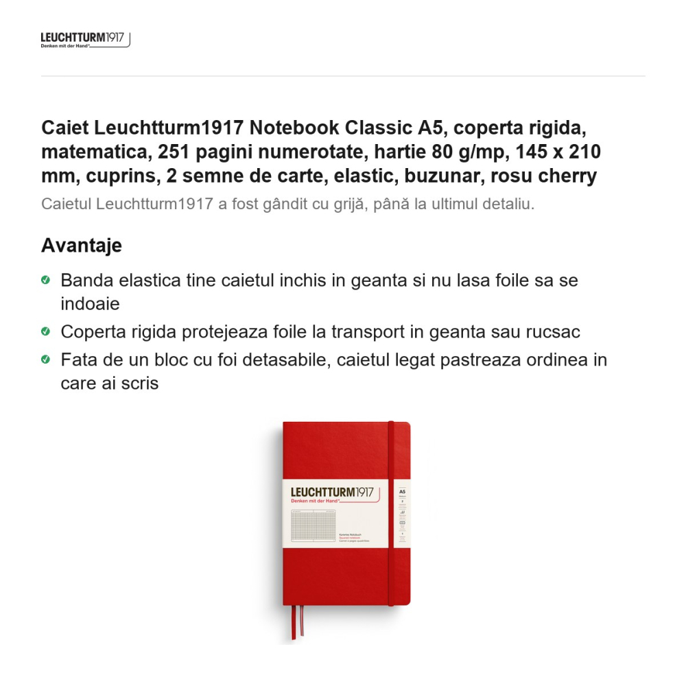 Caiet Leuchtturm1917 Notebook Classic A5, coperta rigida, matematica, 251 pagini numerotate, hartie 80 g/mp, 145 x 210 mm, cuprins, 2 semne de carte, elastic, buzunar, rosu cherry [2]