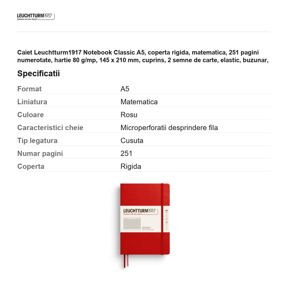 Caiet Leuchtturm1917 Notebook Classic A5, coperta rigida, matematica, 251 pagini numerotate, hartie 80 g/mp, 145 x 210 mm, cuprins, 2 semne de carte, elastic, buzunar, rosu cherry [3]