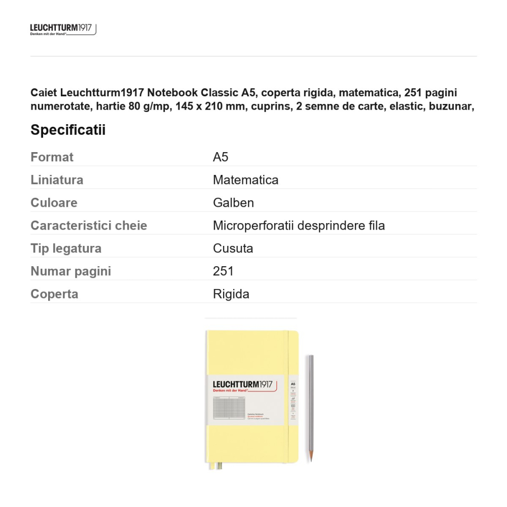 Caiet Leuchtturm1917 Notebook Classic A5, coperta rigida, matematica, 251 pagini numerotate, hartie 80 g/mp, 145 x 210 mm, cuprins, 2 semne de carte, elastic, buzunar, vanilie [3]