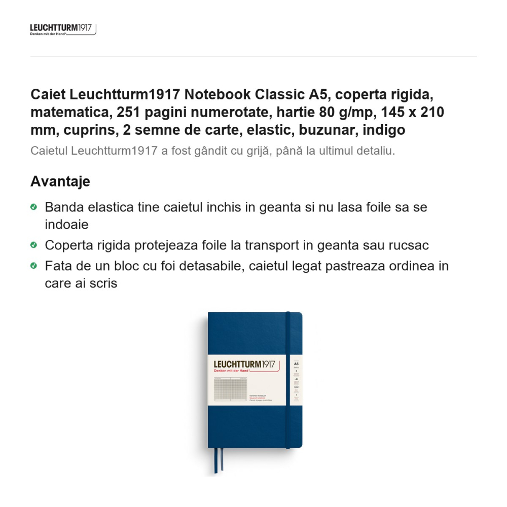 Caiet Leuchtturm1917 Notebook Classic A5, coperta rigida, matematica, 251 pagini numerotate, hartie 80 g/mp, 145 x 210 mm, cuprins, 2 semne de carte, elastic, buzunar, indigo [2]