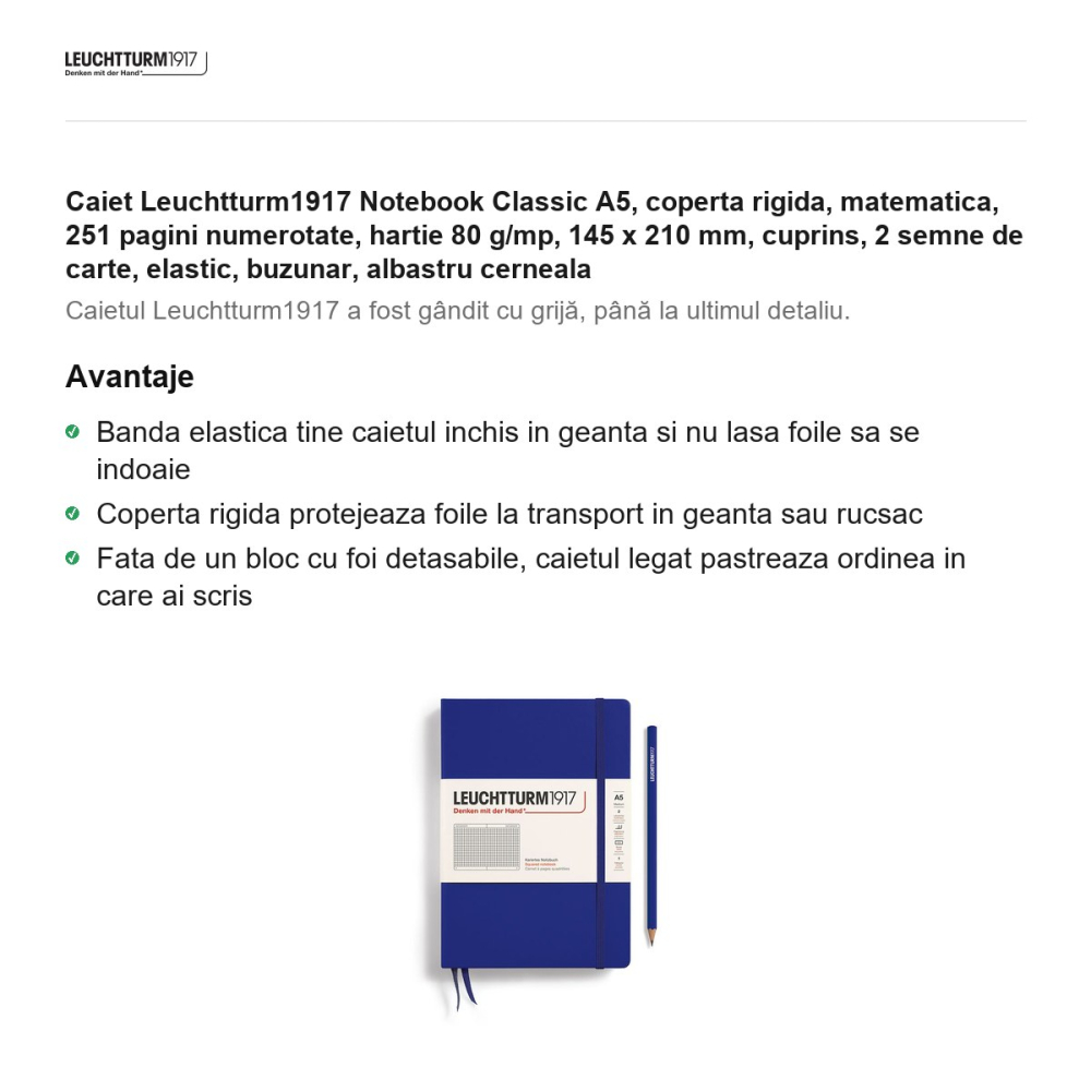 Caiet Leuchtturm1917 Notebook Classic A5, coperta rigida, matematica, 251 pagini numerotate, hartie 80 g/mp, 145 x 210 mm, cuprins, 2 semne de carte, elastic, buzunar, albastru cerneala [2]