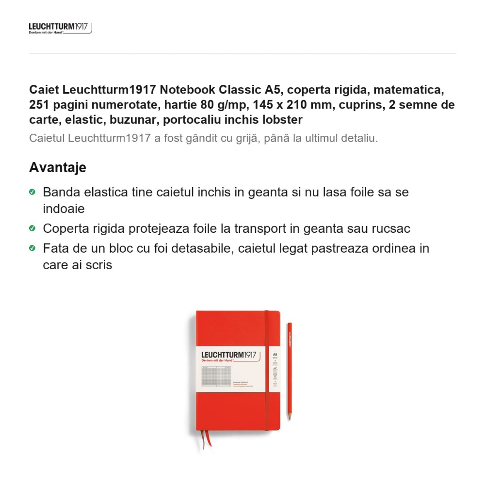 Caiet Leuchtturm1917 Notebook Classic A5, coperta rigida, matematica, 251 pagini numerotate, hartie 80 g/mp, 145 x 210 mm, cuprins, 2 semne de carte, elastic, buzunar, portocaliu inchis lobster [2]