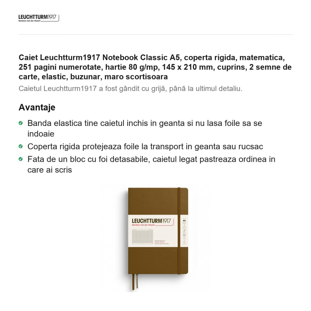 Caiet Leuchtturm1917 Notebook Classic A5, coperta rigida, matematica, 251 pagini numerotate, hartie 80 g/mp, 145 x 210 mm, cuprins, 2 semne de carte, elastic, buzunar, maro scortisoara [2]