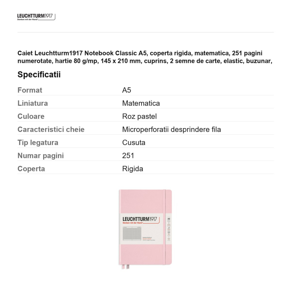 Caiet Leuchtturm1917 Notebook Classic A5, coperta rigida, matematica, 251 pagini numerotate, hartie 80 g/mp, 145 x 210 mm, cuprins, 2 semne de carte, elastic, buzunar, roz pastel [3]
