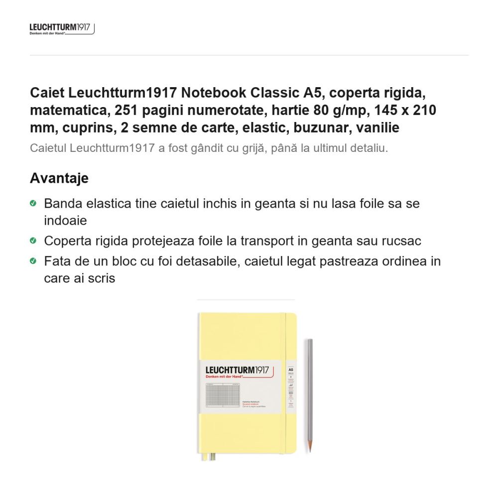Caiet Leuchtturm1917 Notebook Classic A5, coperta rigida, matematica, 251 pagini numerotate, hartie 80 g/mp, 145 x 210 mm, cuprins, 2 semne de carte, elastic, buzunar, vanilie [2]