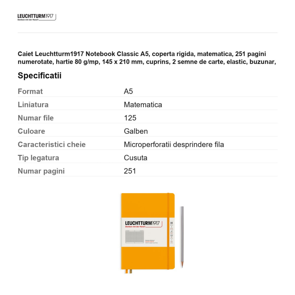 Caiet Leuchtturm1917 Notebook Classic A5, coperta rigida, matematica, 251 pagini numerotate, hartie 80 g/mp, 145 x 210 mm, cuprins, 2 semne de carte, elastic, buzunar, galben mustar [3]