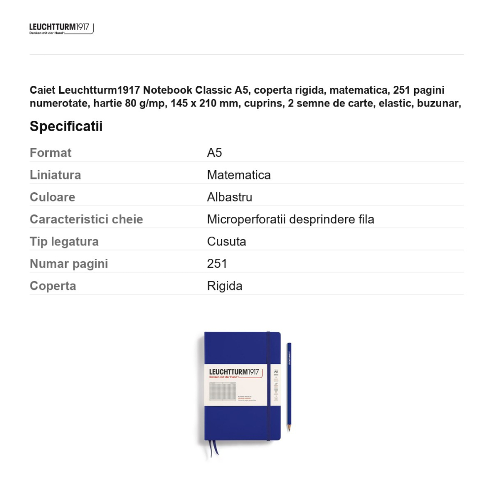 Caiet Leuchtturm1917 Notebook Classic A5, coperta rigida, matematica, 251 pagini numerotate, hartie 80 g/mp, 145 x 210 mm, cuprins, 2 semne de carte, elastic, buzunar, albastru cerneala [3]