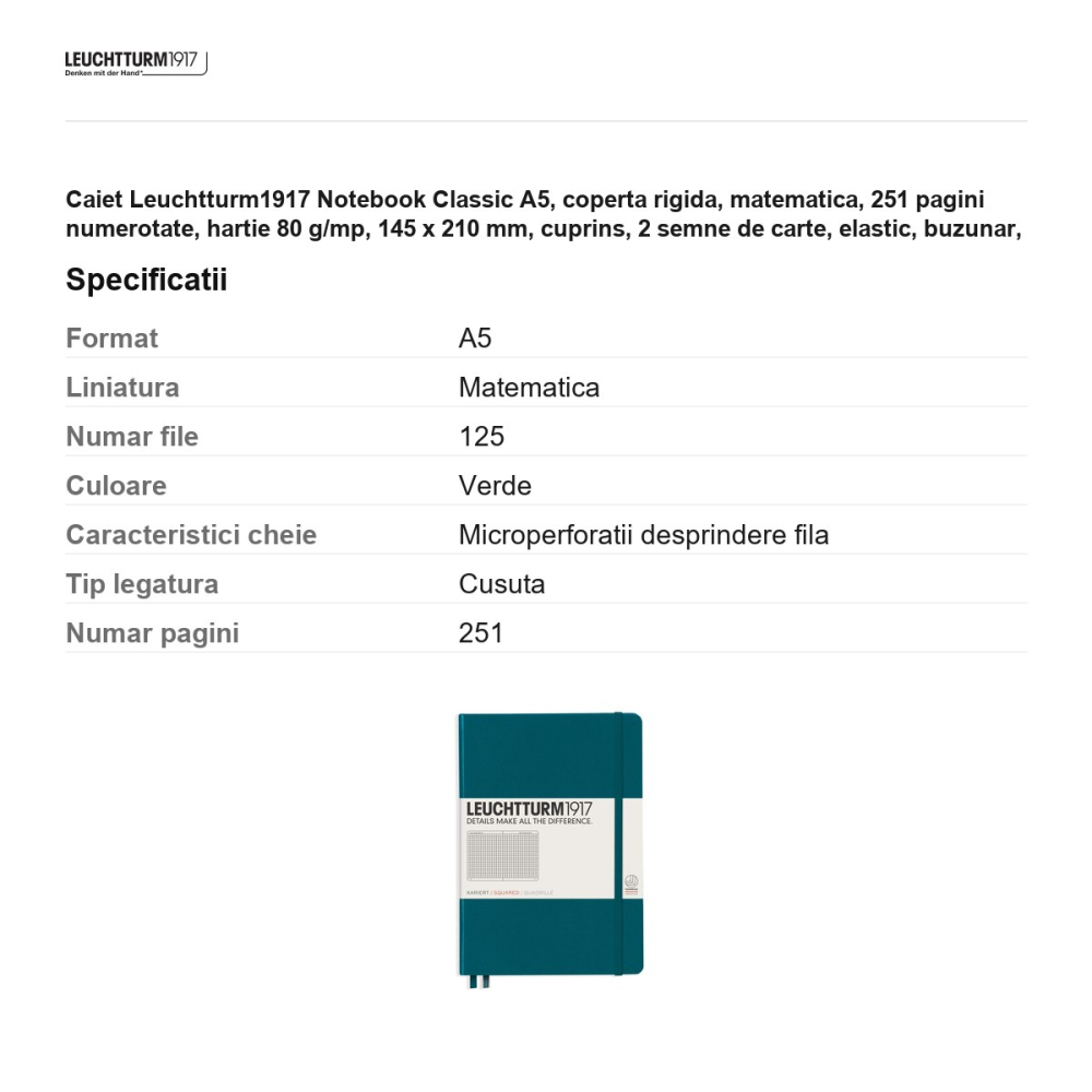 Caiet Leuchtturm1917 Notebook Classic A5, coperta rigida, matematica, 251 pagini numerotate, hartie 80 g/mp, 145 x 210 mm, cuprins, 2 semne de carte, elastic, buzunar, verde pacific [3]