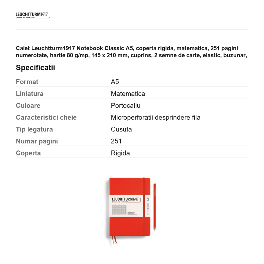 Caiet Leuchtturm1917 Notebook Classic A5, coperta rigida, matematica, 251 pagini numerotate, hartie 80 g/mp, 145 x 210 mm, cuprins, 2 semne de carte, elastic, buzunar, portocaliu inchis lobster [3]