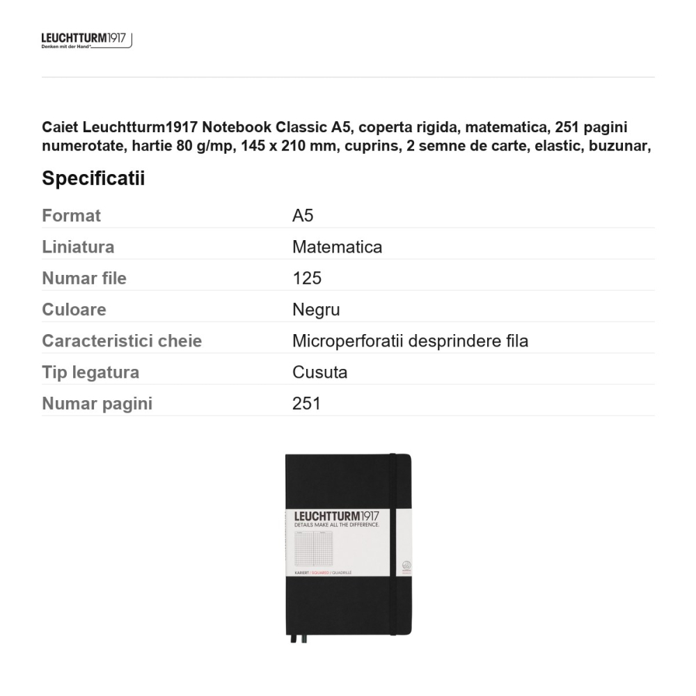Caiet Leuchtturm1917 Notebook Classic A5, coperta rigida, matematica, 251 pagini numerotate, hartie 80 g/mp, 145 x 210 mm, cuprins, 2 semne de carte, elastic, buzunar, negru [3]